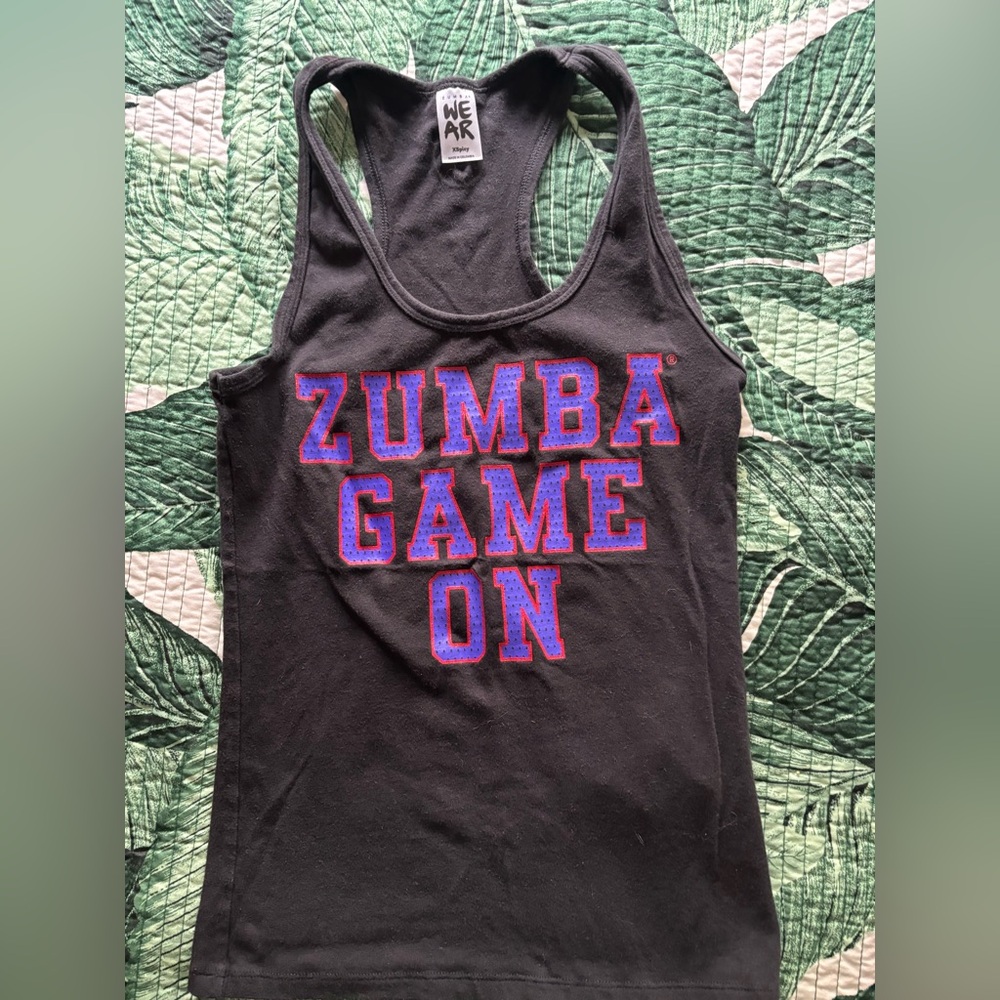 Zumba Fitness Black Tank with Purple and Red 'ZUMBA GAME ON' Lettering